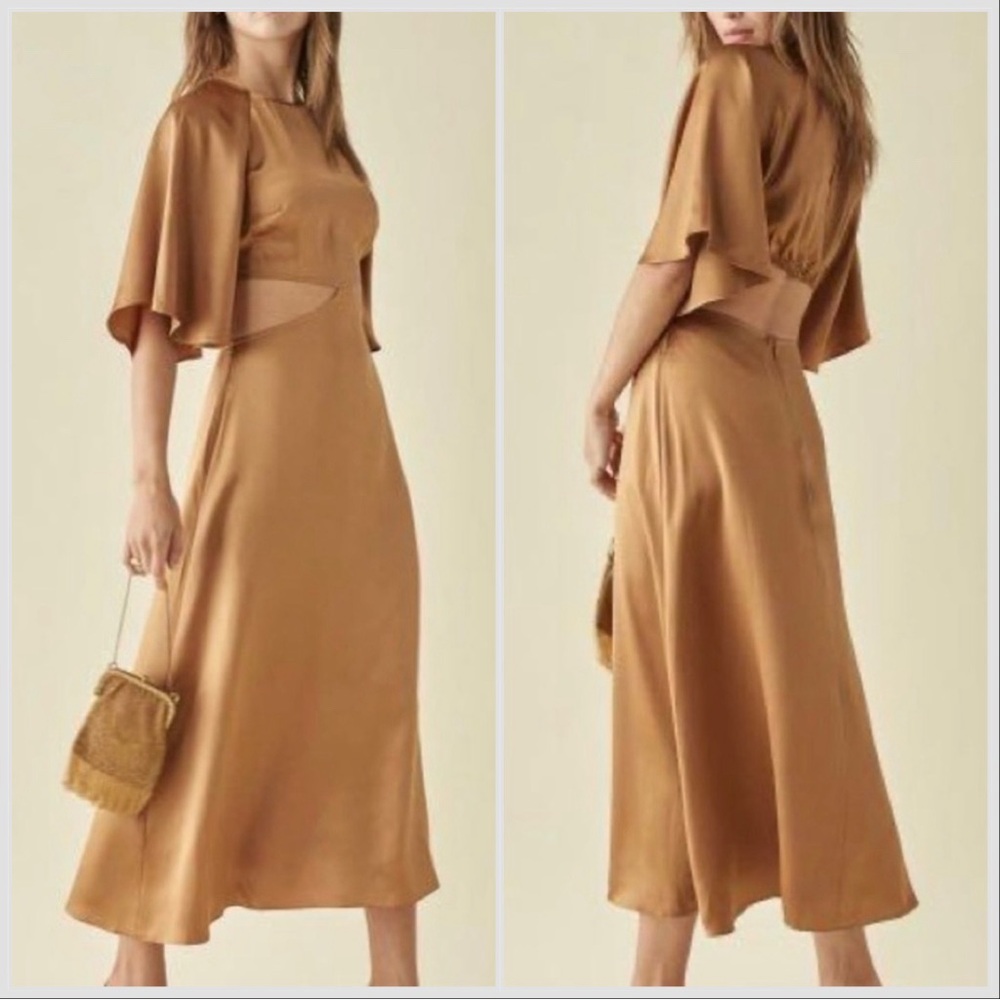 Reformation Camel Midi Dress with Flutter Sleeves